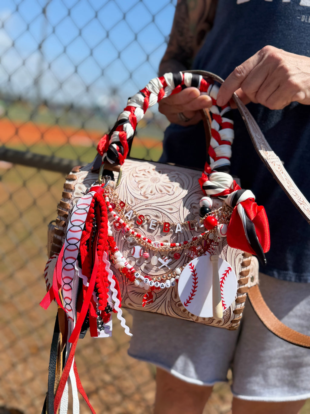 “ Baseball Meets Western”- white/cream tooled leather speedy (M)