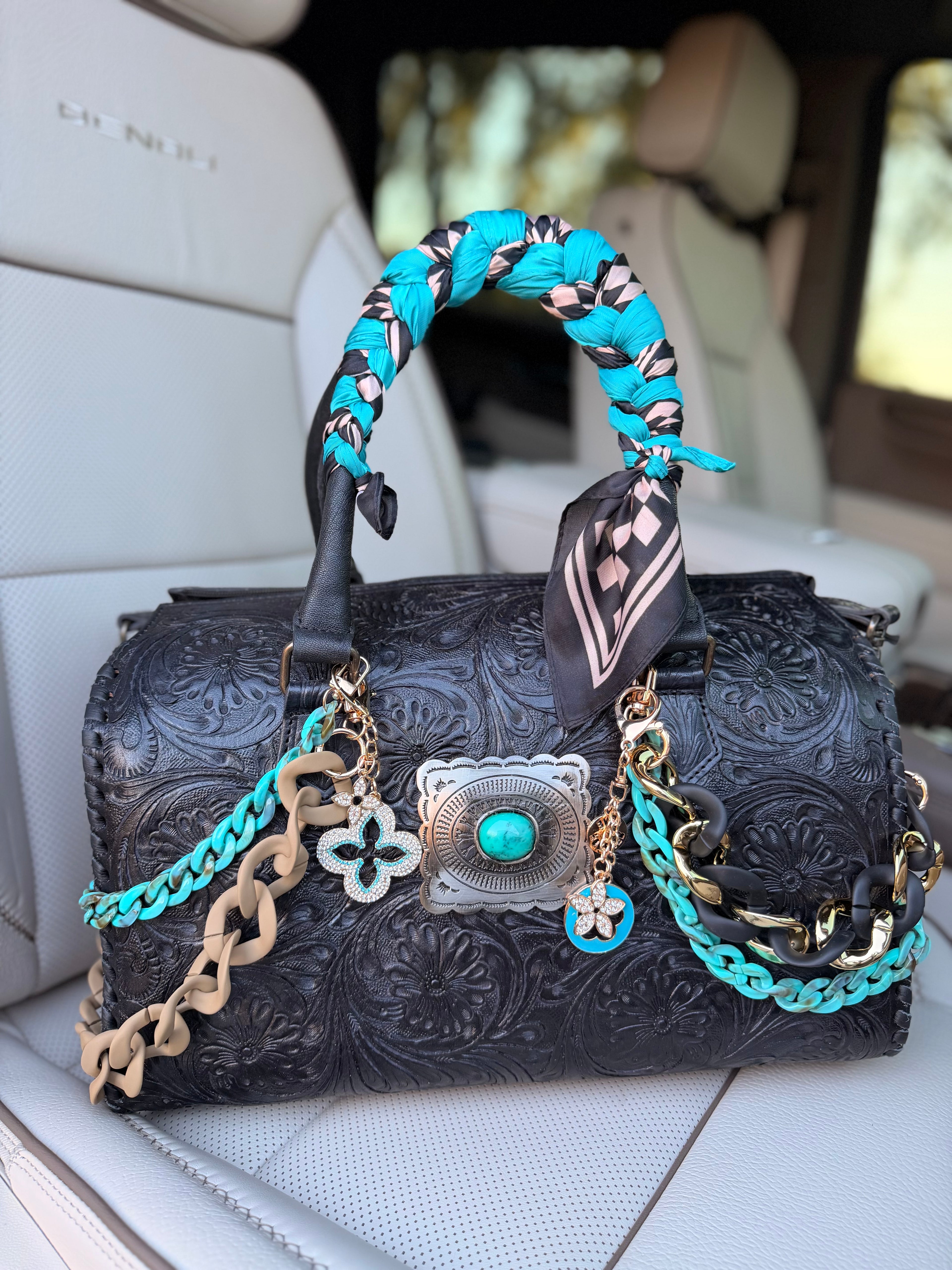 "Dark teal lux" - black tooled leather speedy duffle