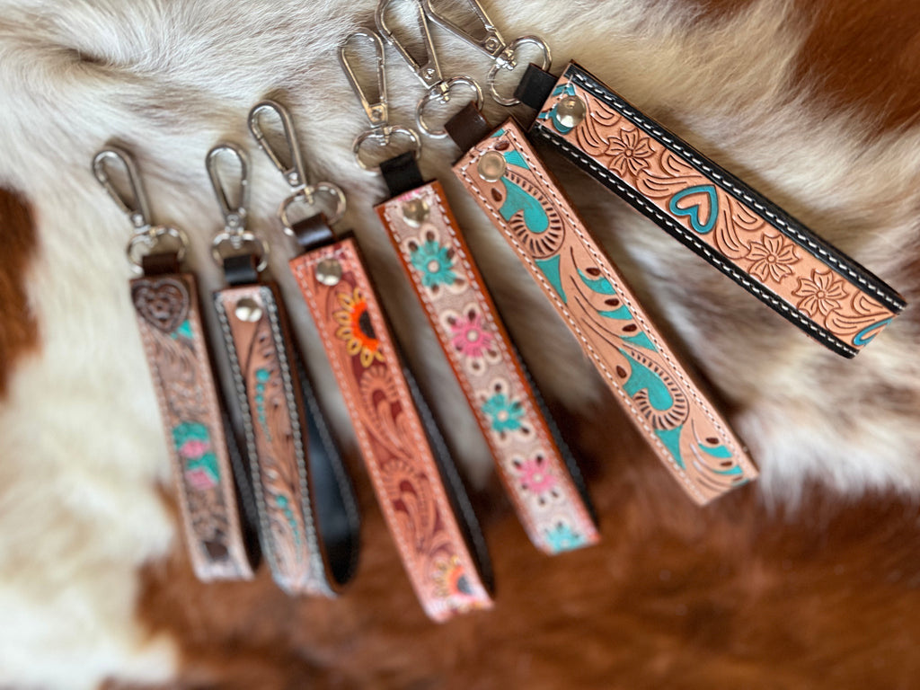 Pick your color tooled leather wristlet keychain