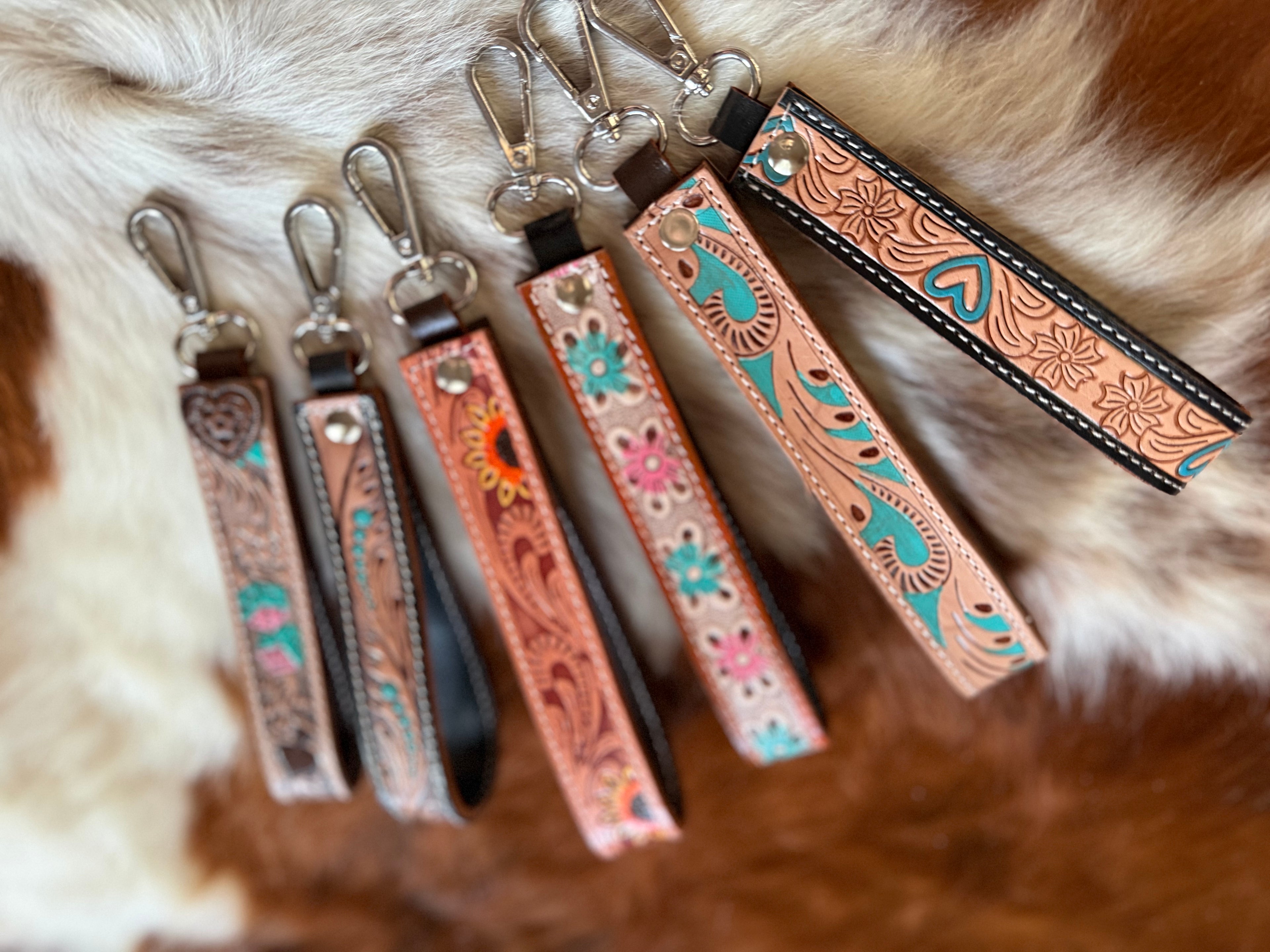 Pick your color tooled leather wristlet keychain