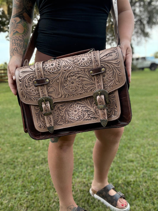 Laptop or overnight tooled leather bag