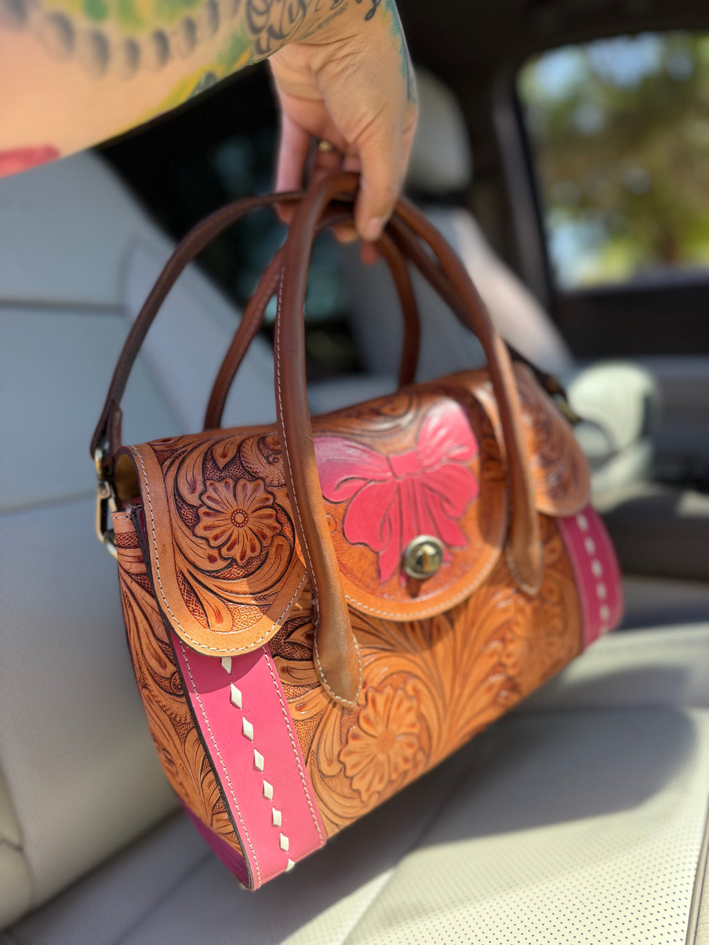 "SweetHeart" pink and tooled leather bow bag