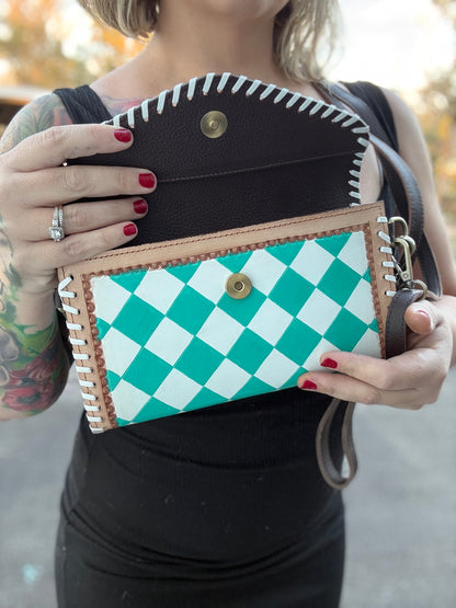 Teal Checker print cross body