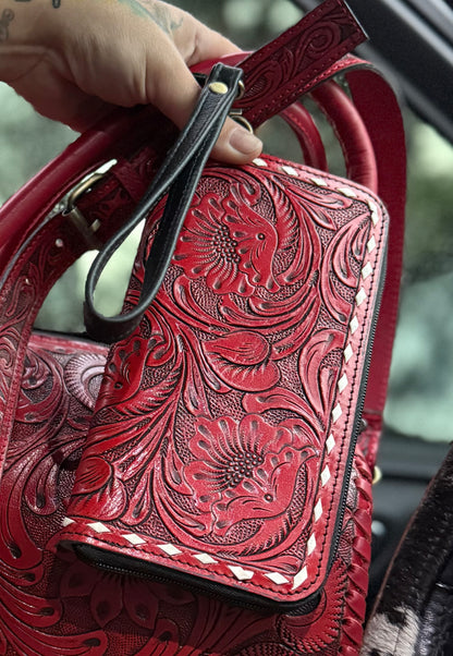 Red- tooled leather wallet