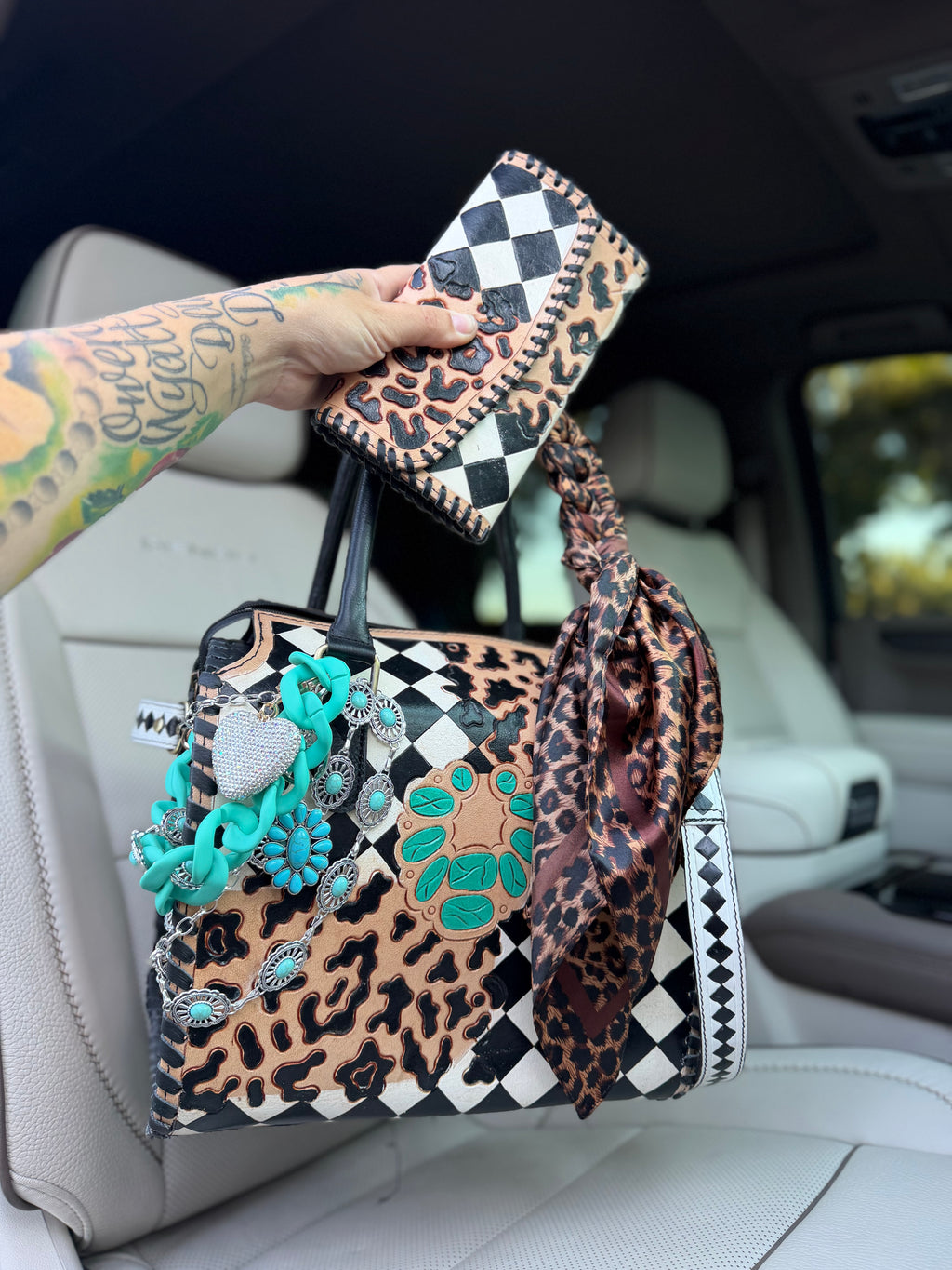 “Outlaw Belle”black/white checker and cheetah tooled leather speedy (L) by the Painted Porches