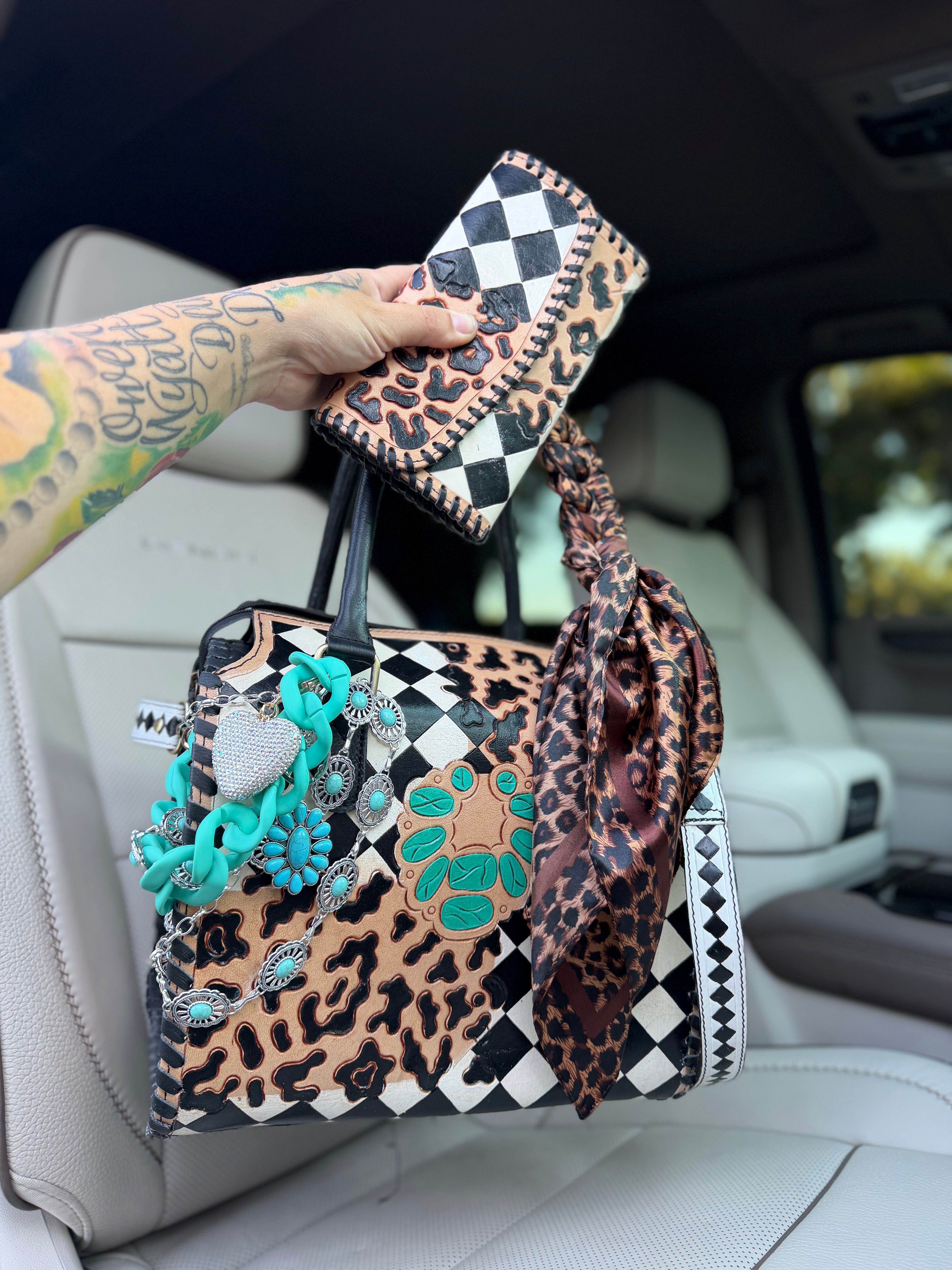 “Outlaw Belle”black/white checker and cheetah tooled leather speedy (L) by the Painted Porches