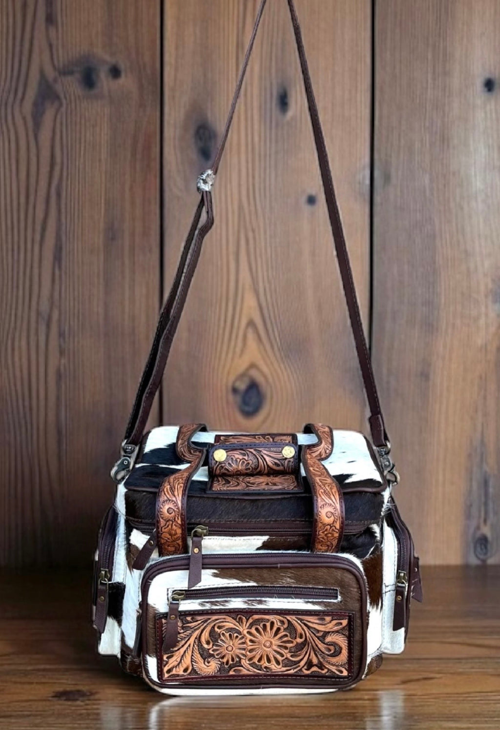Brown and white hide TOOLED leather/ cowhide Lunch bag