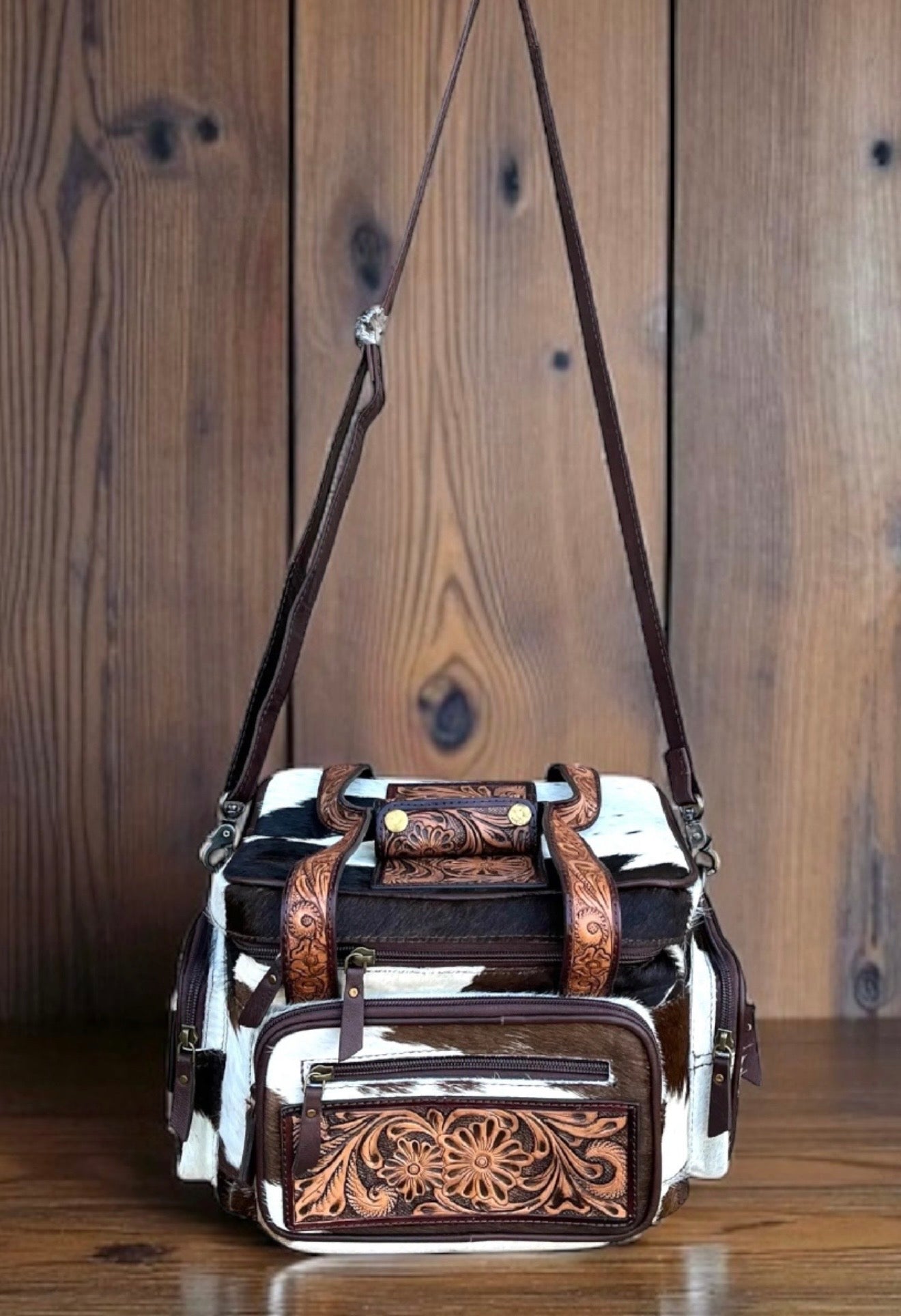 Brown and white hide TOOLED leather/ cowhide Lunch bag