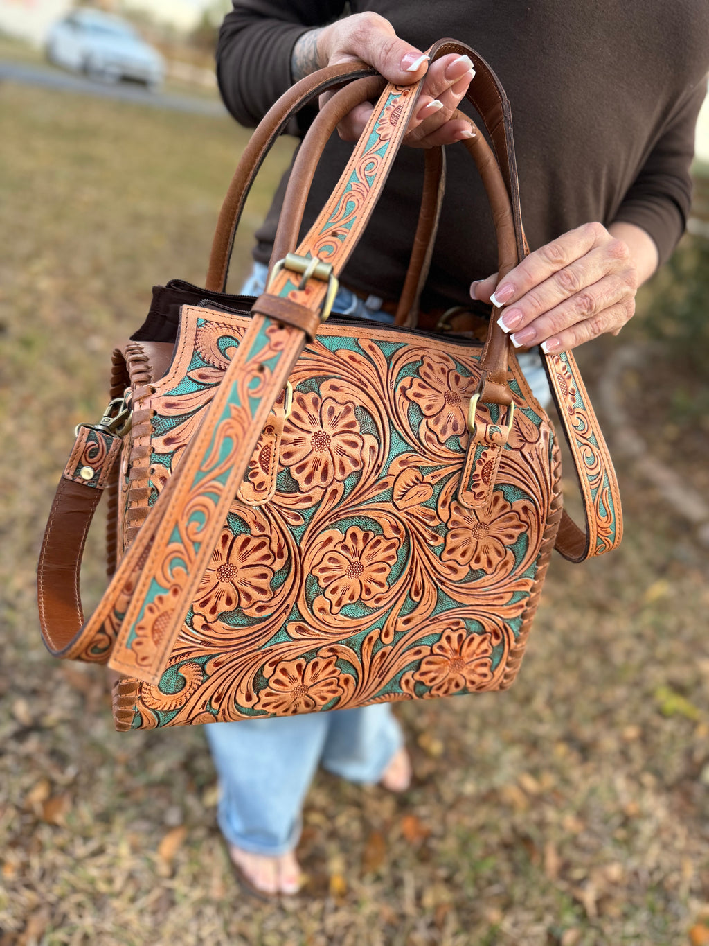 Brown/turquoise tooled leather speedy (L)