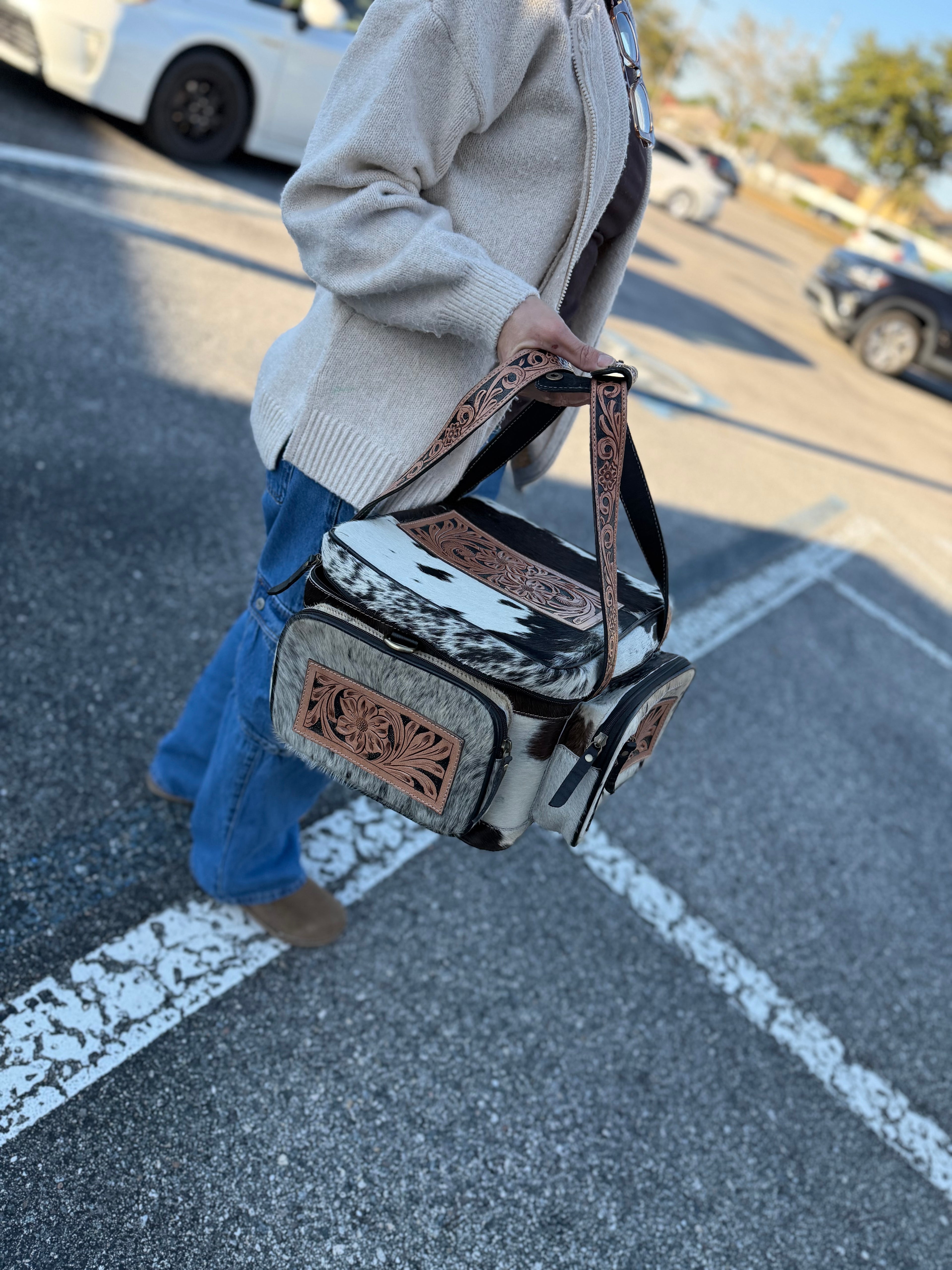 XL size - Dark color and white hide TOOLED leather/ cowhide Lunch bag
