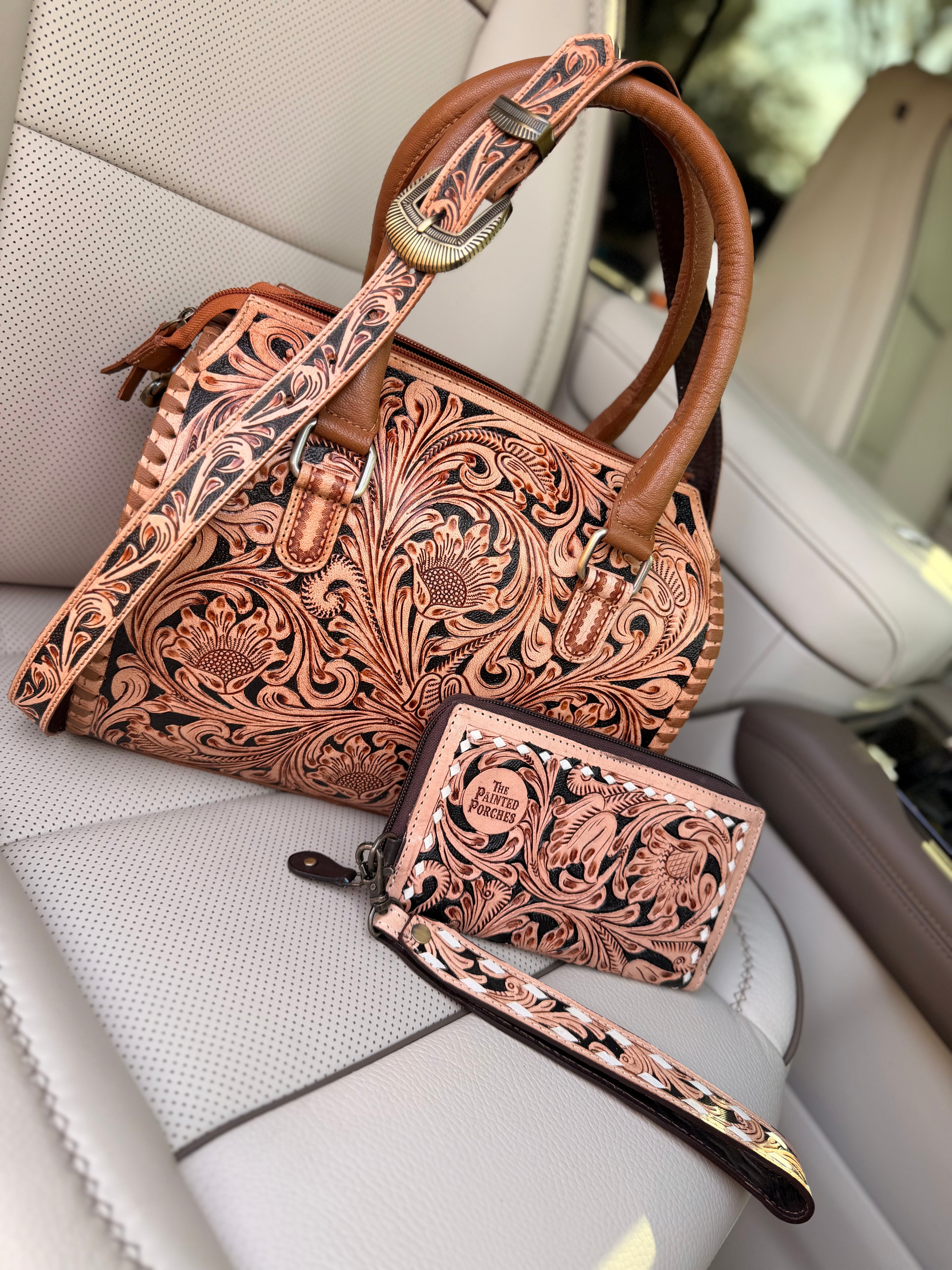 Tooled leather speedy and "Josie" clutch set (M)