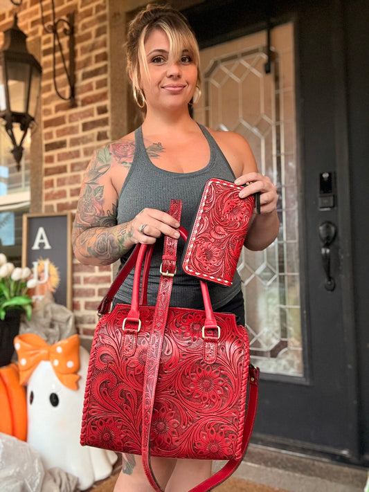 Red - tooled leather Speedy bag