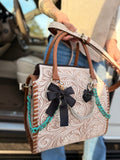 "Outlaw Heiress" - white tooled speedy (L) tote, teal/black accents