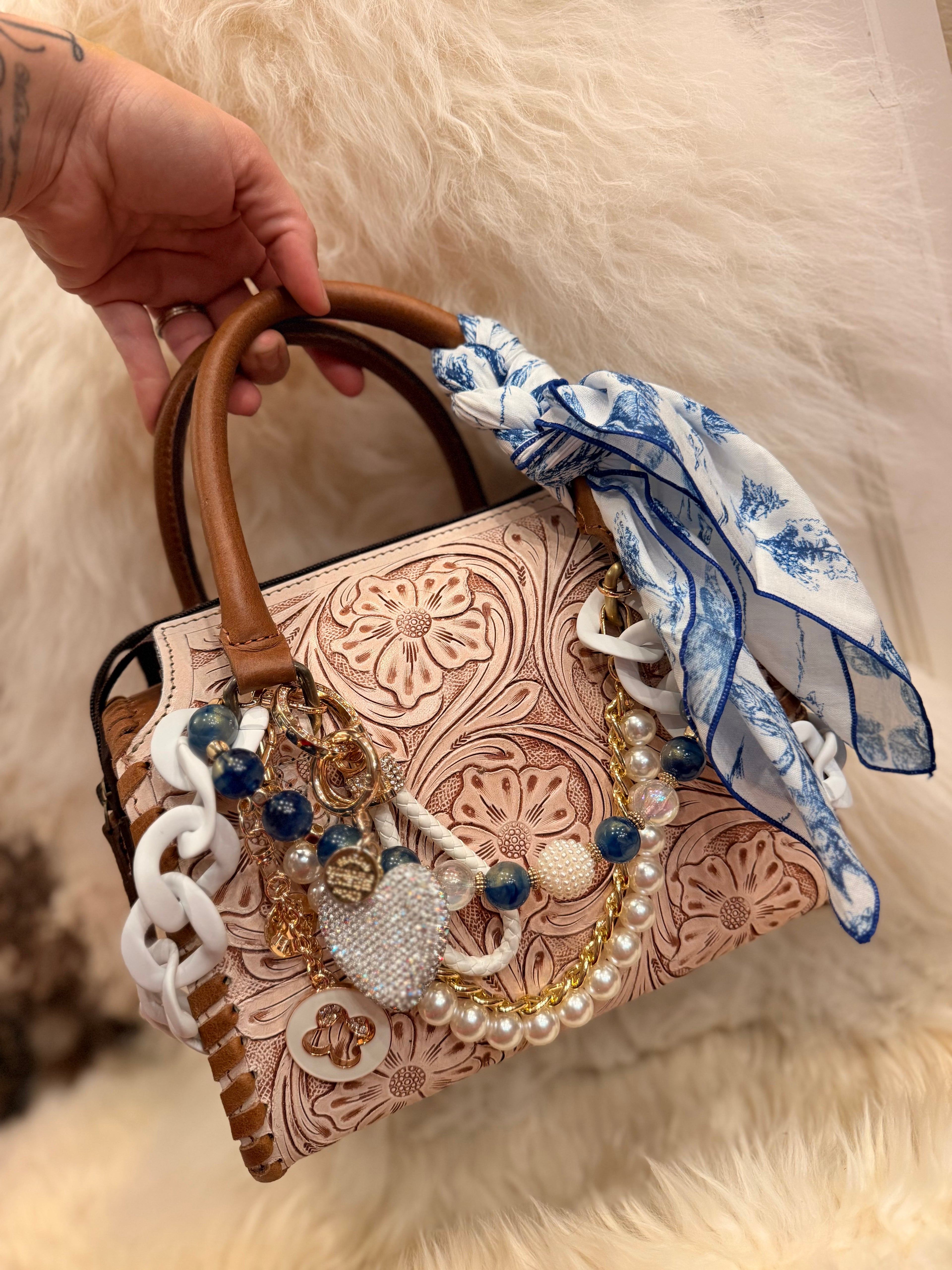 “The Frontier Socialite”- white/cream tooled leather speedy (M)