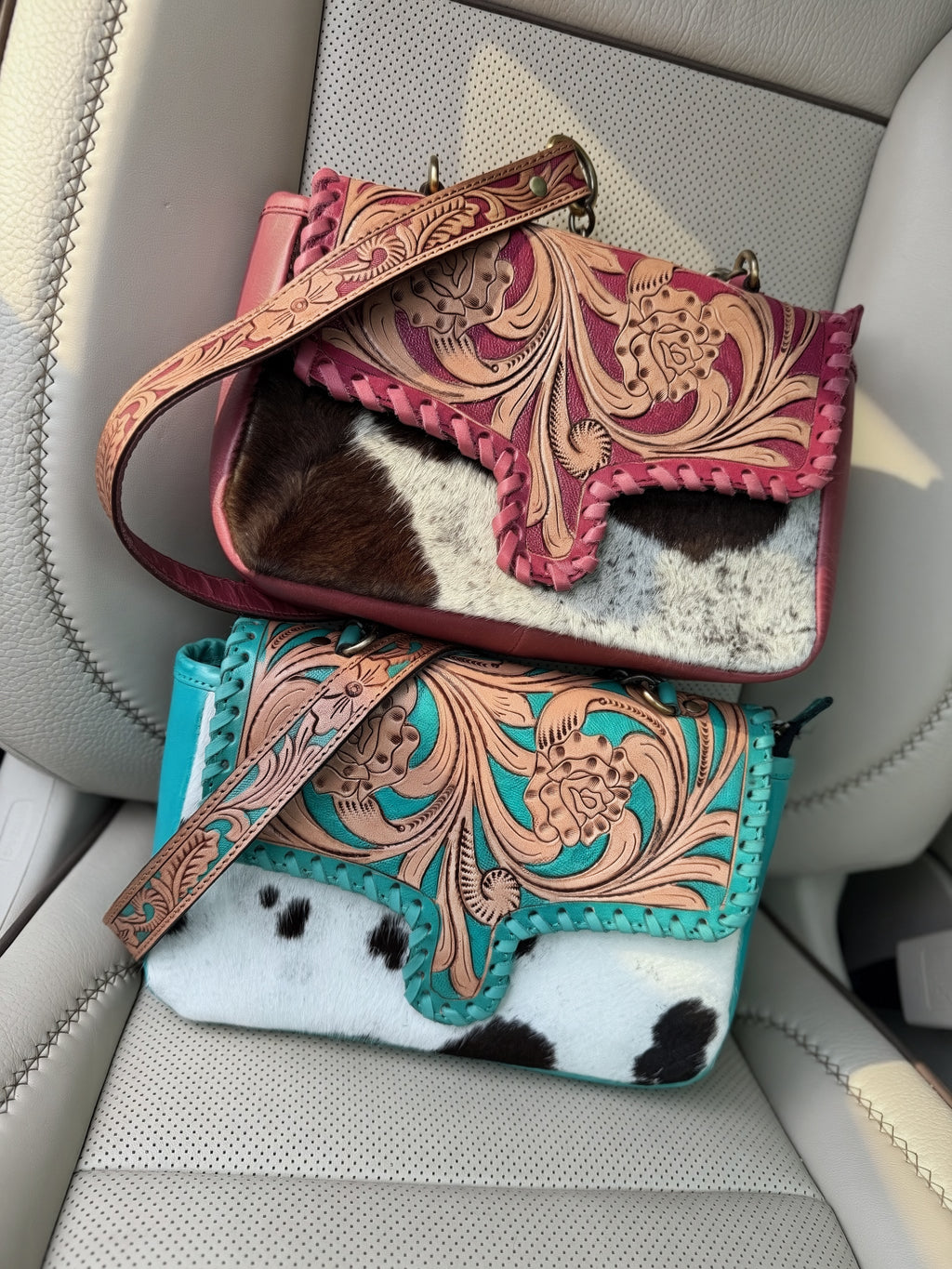Tooled leather and cowhide crossbody bag