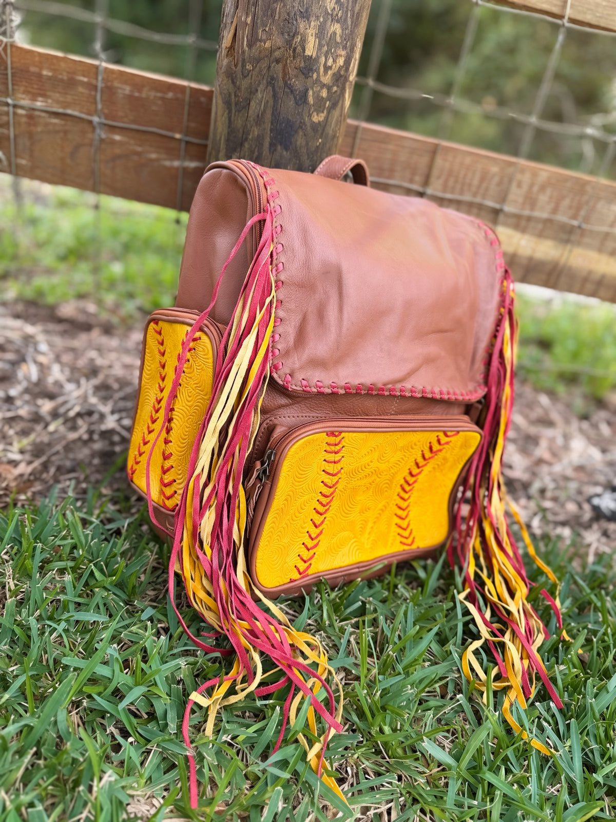 Softball Leather fringe sports themed bookbag