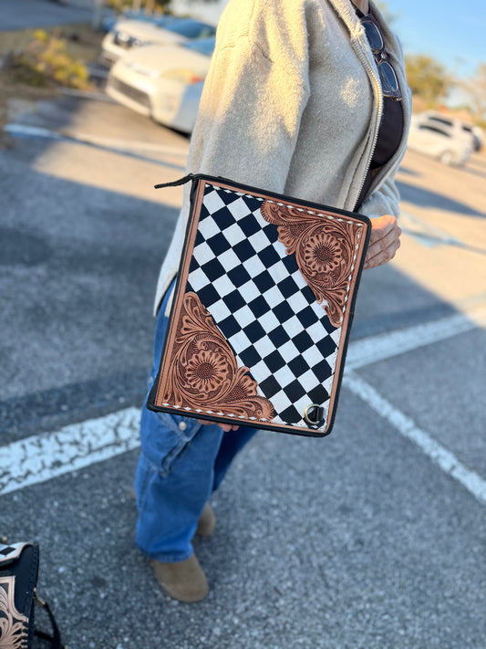 Tooled leather checker print binder