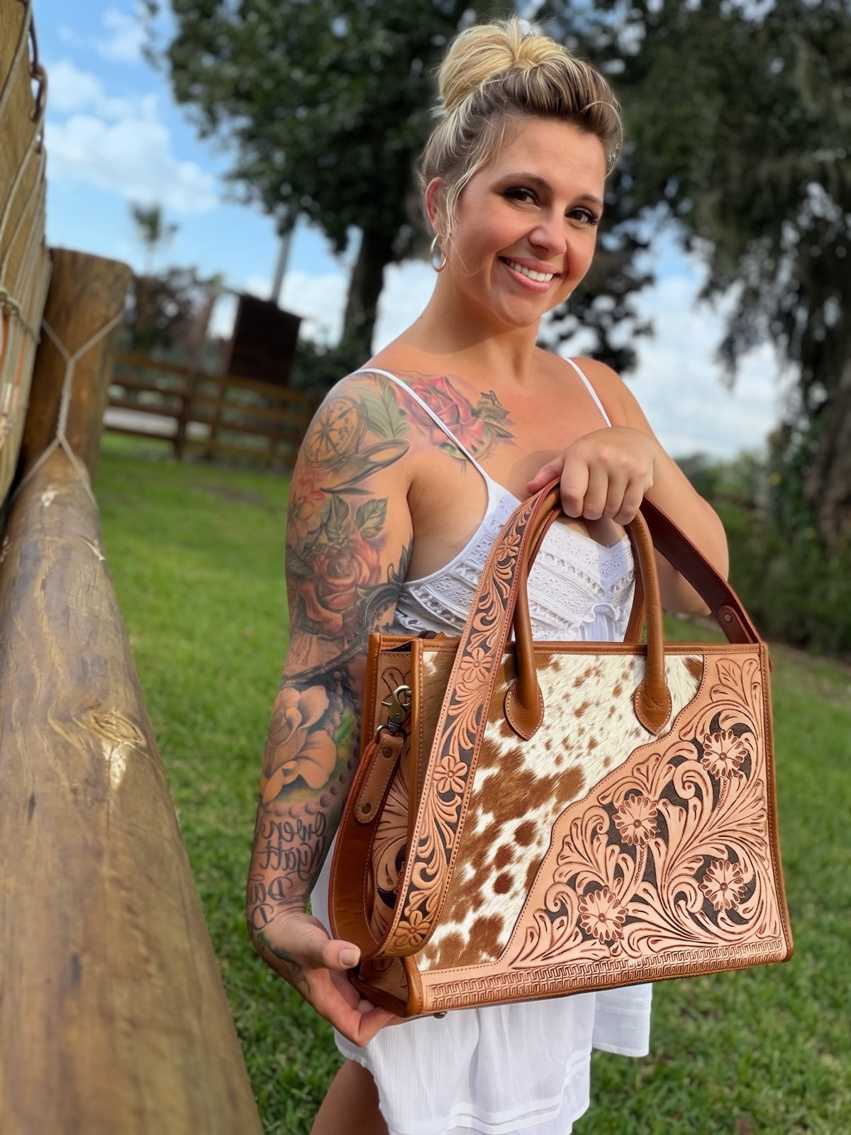 Tooled crossbody / cowhide tote bag