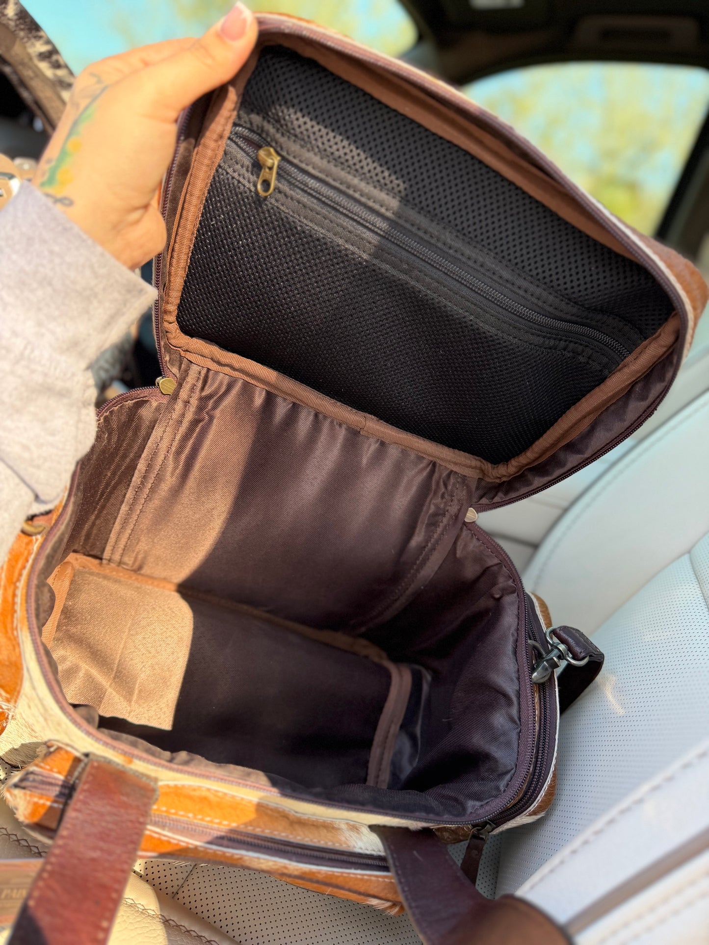 Brown and white hide TOOLED leather/ cowhide Lunchbox