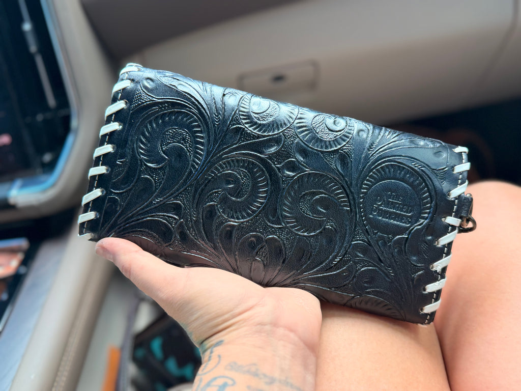 Tooled leather black wallet