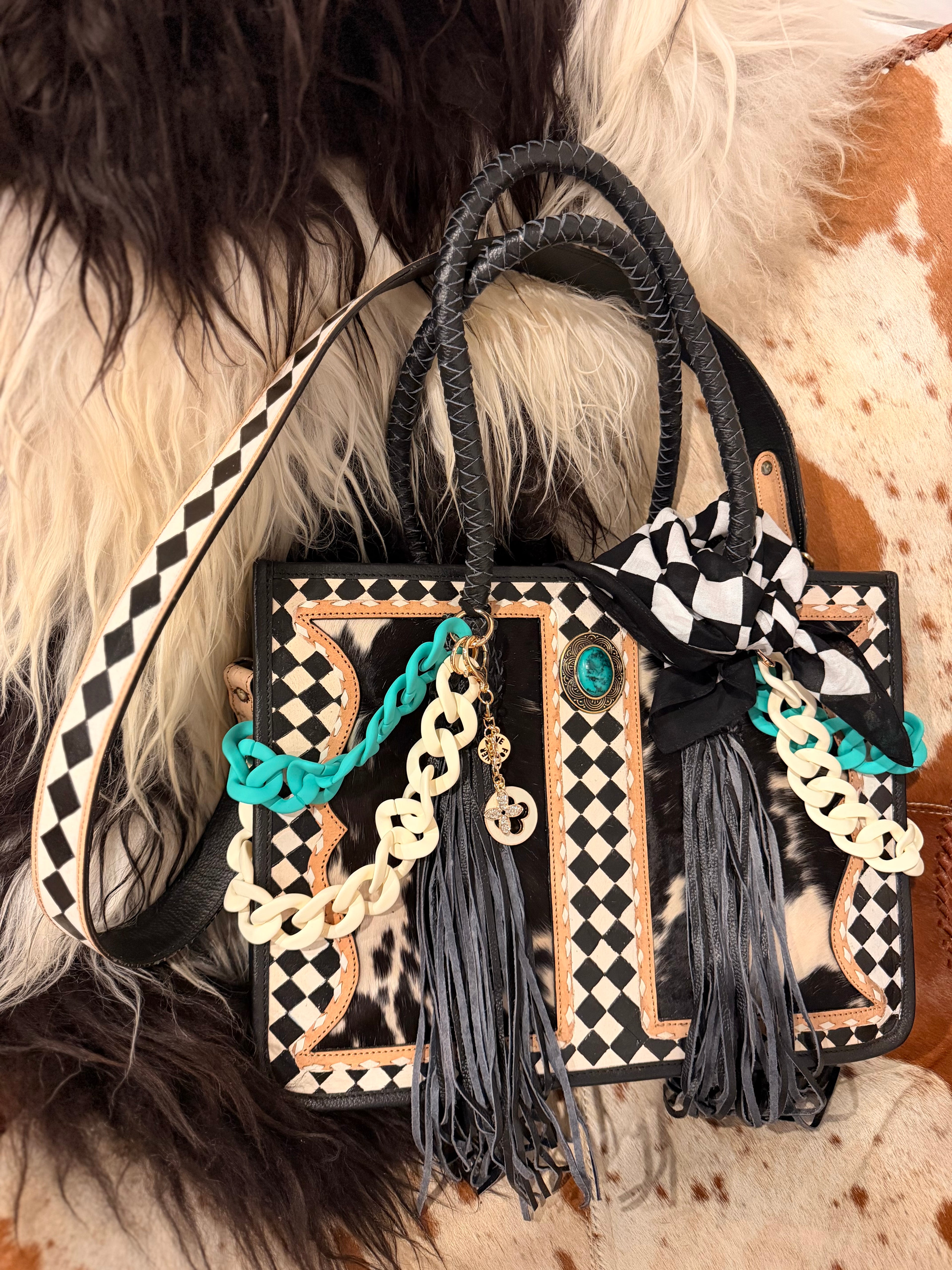 "Queens End Game" - checker/tooled leather tote(bag only)