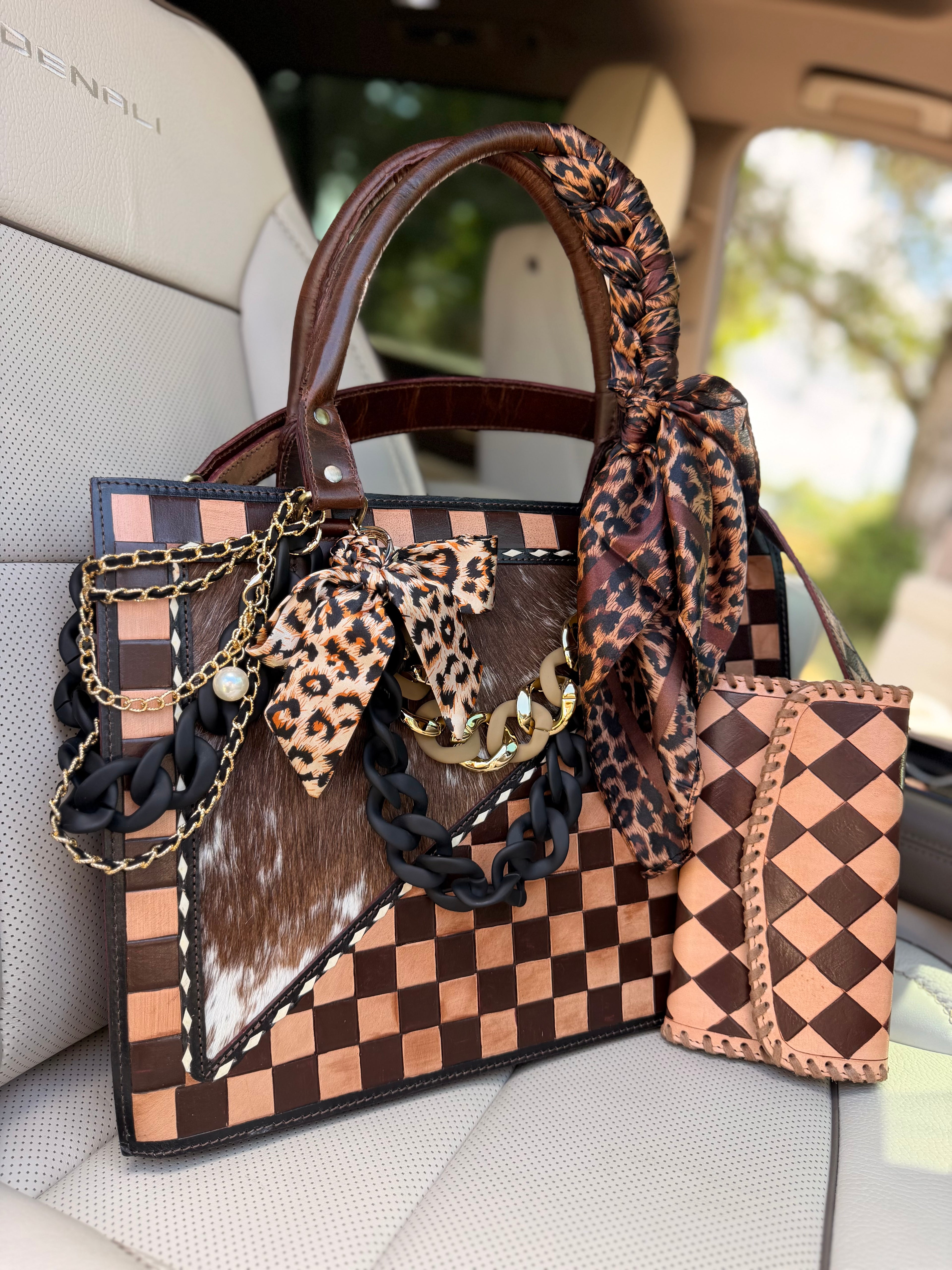 "Bourbon & Blush" Dressed cowhide and brown checker tote bag/ wallet combo