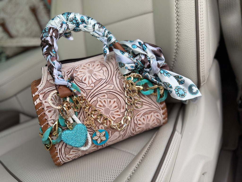 “The Turquoise Wildflower”- white/cream tooled leather speedy (M)