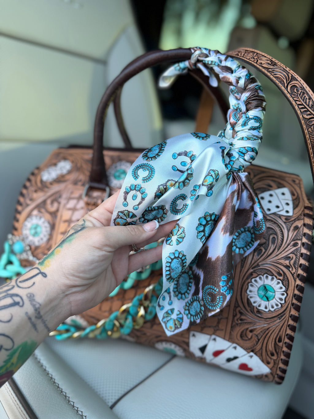 “The Turquoise High Roller”- tan tooled leather speedy Duffle