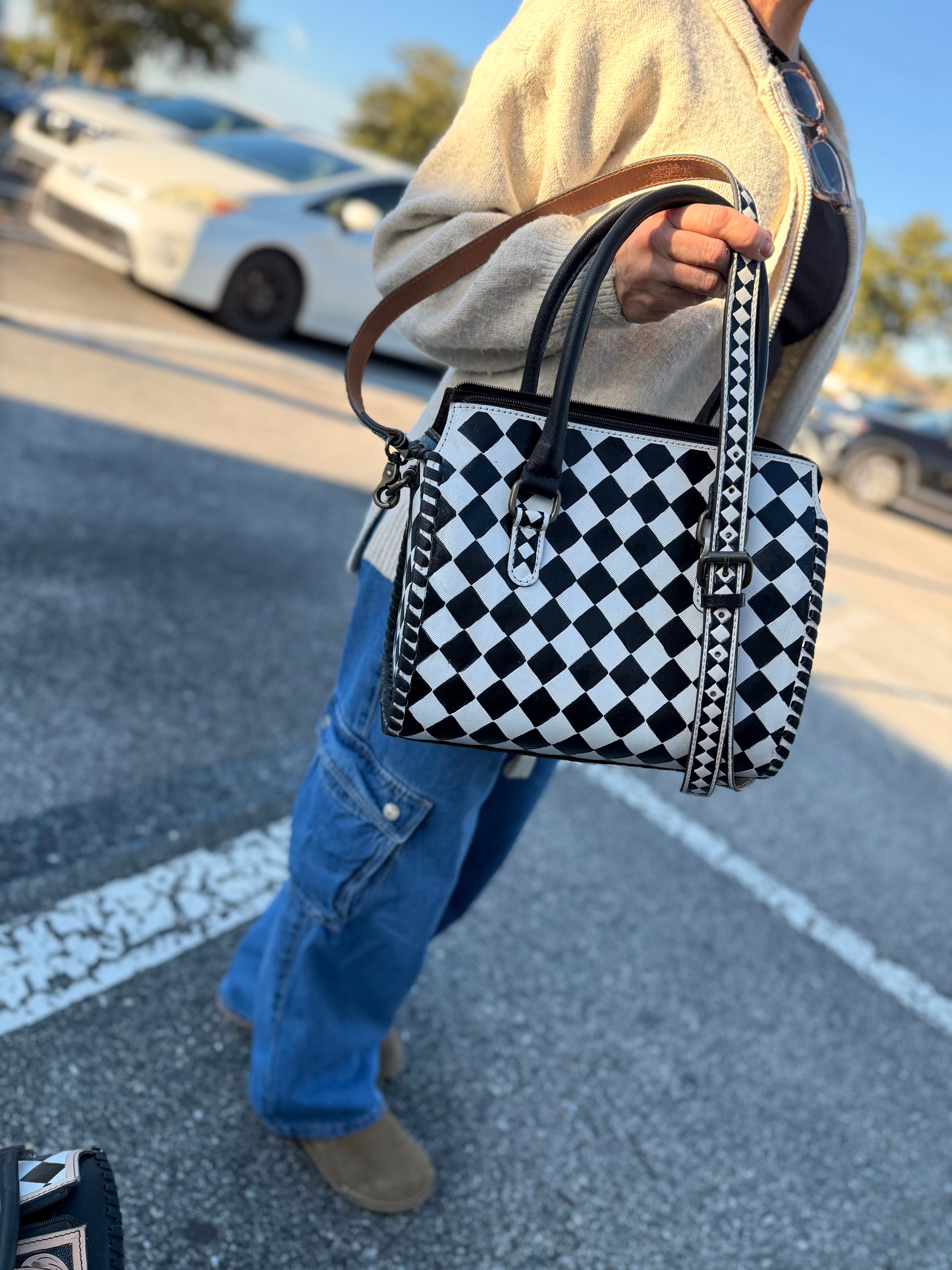 High-quality  checker, print, hand-painted tooled leather speedy (Medium)