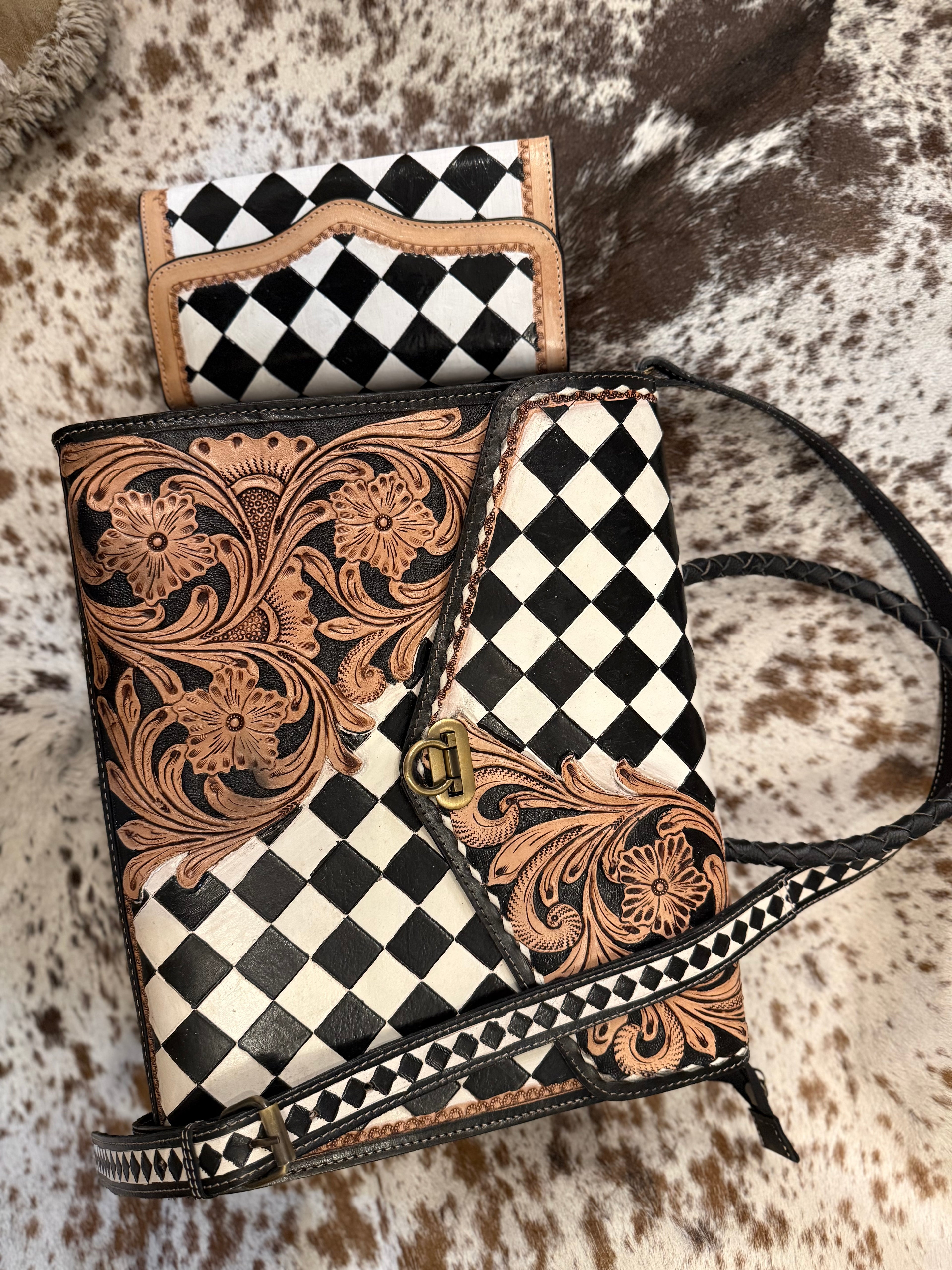 Checker print / tooled leather tote set