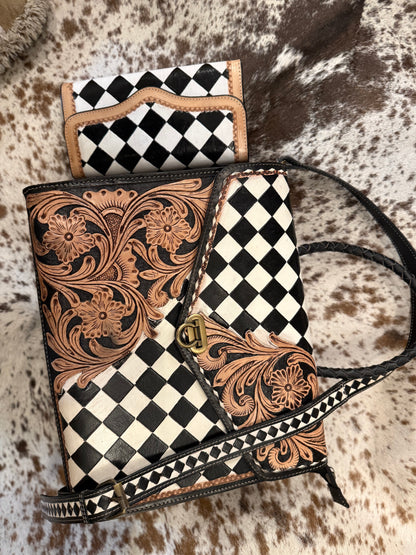 Checker print / tooled leather tote set