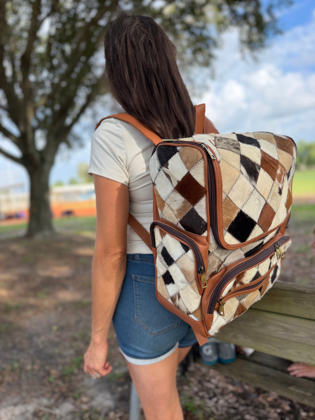 Patchwork cowhide bookbag