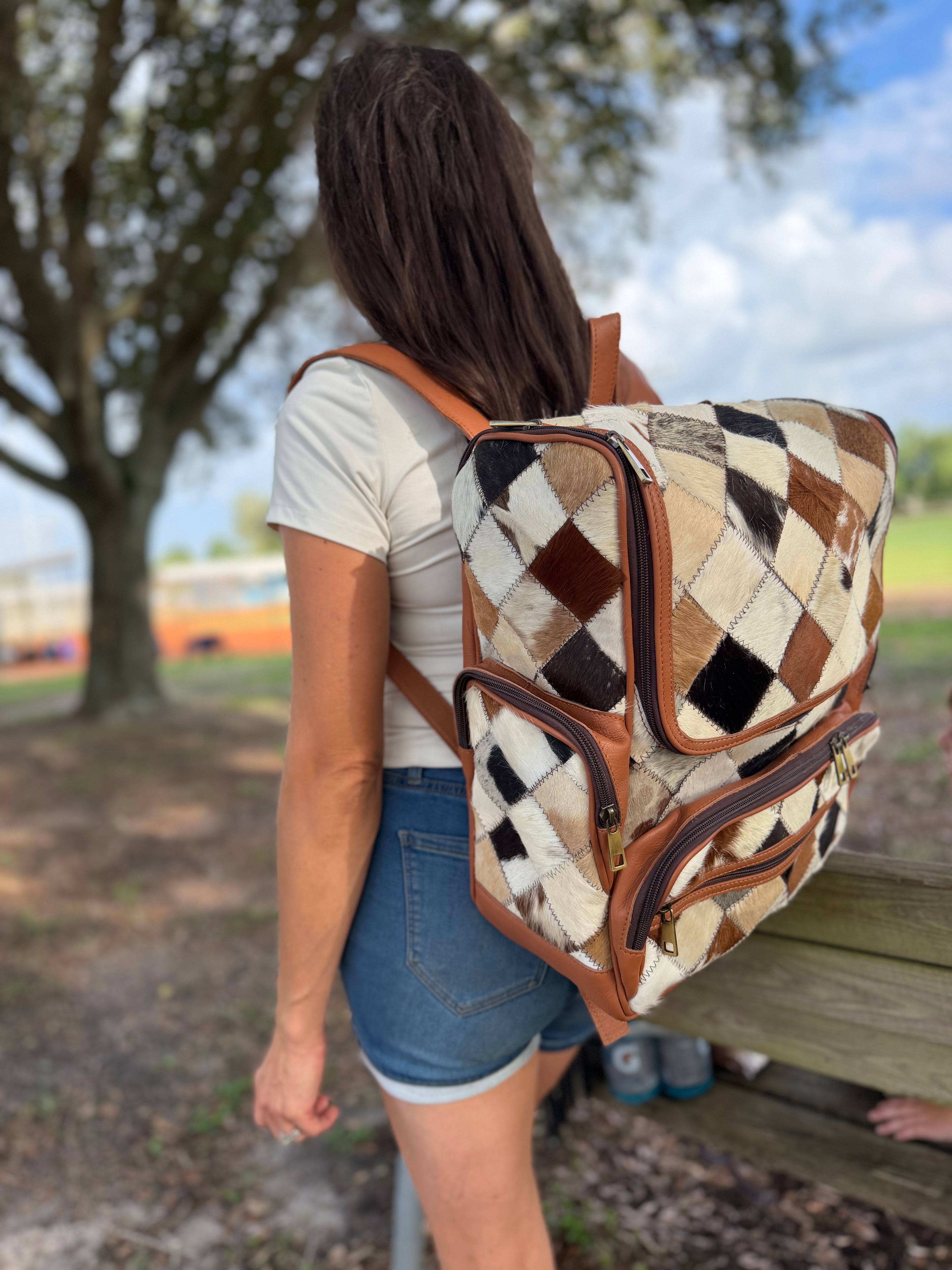 Patchwork cowhide bookbag
