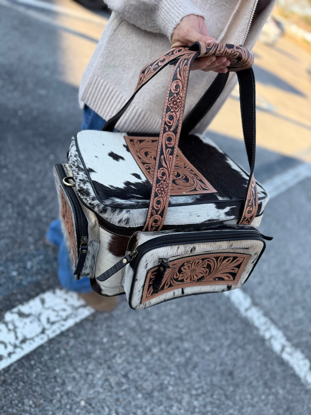 XL size - Dark color and white hide TOOLED leather/ cowhide Lunch bag