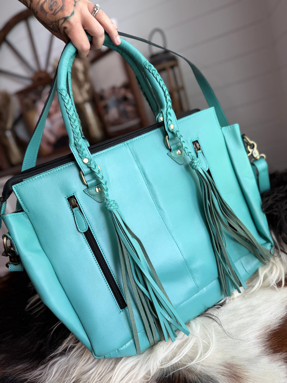 Cowhide Tooled leather tote bag with fringe