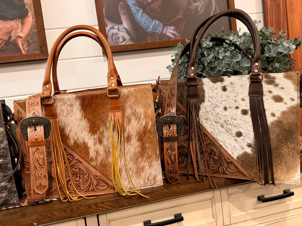 Cowhide and Tooled leather tote bag with fringe- (M)