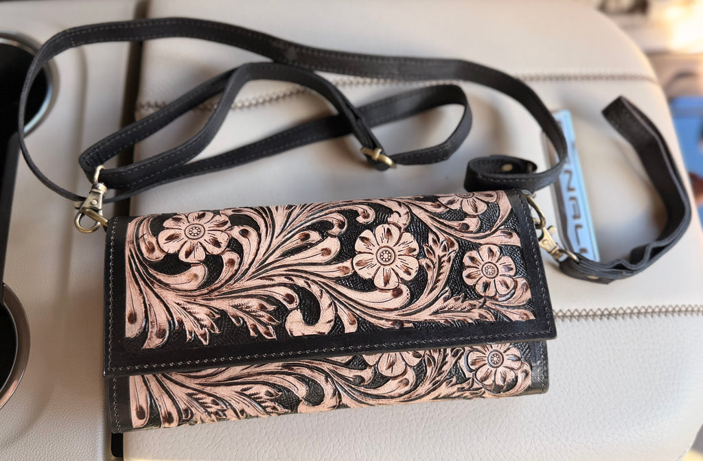 Tooled leather clutch crossbody