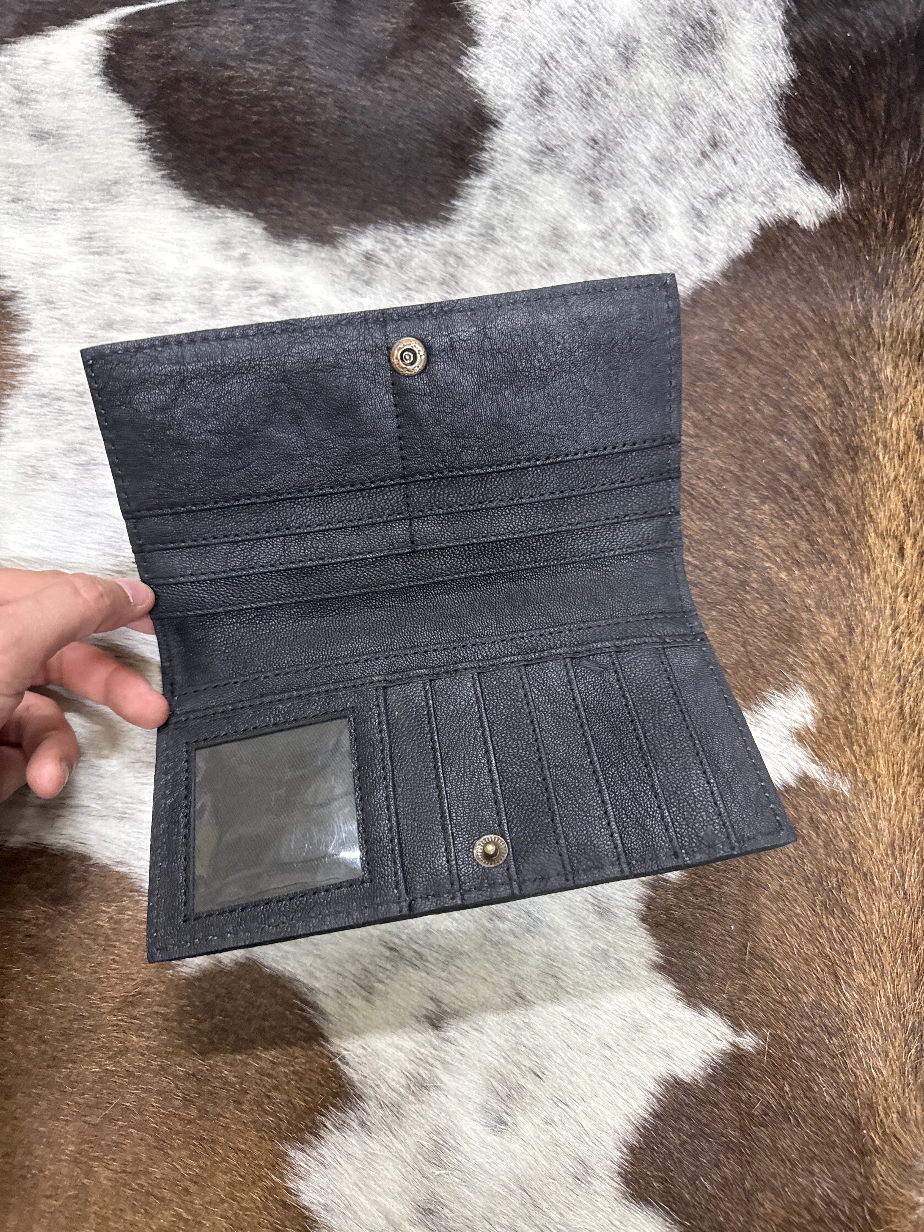 Teal/black checker leather wallet