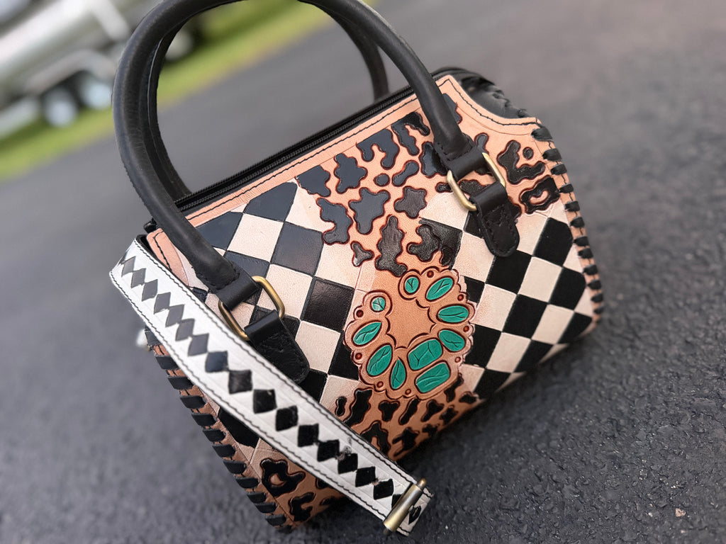 "Pretty Little Outlaw"  PLAIN black/white checker and cheetah tooled leather speedy (M)-  by The Painted Porches