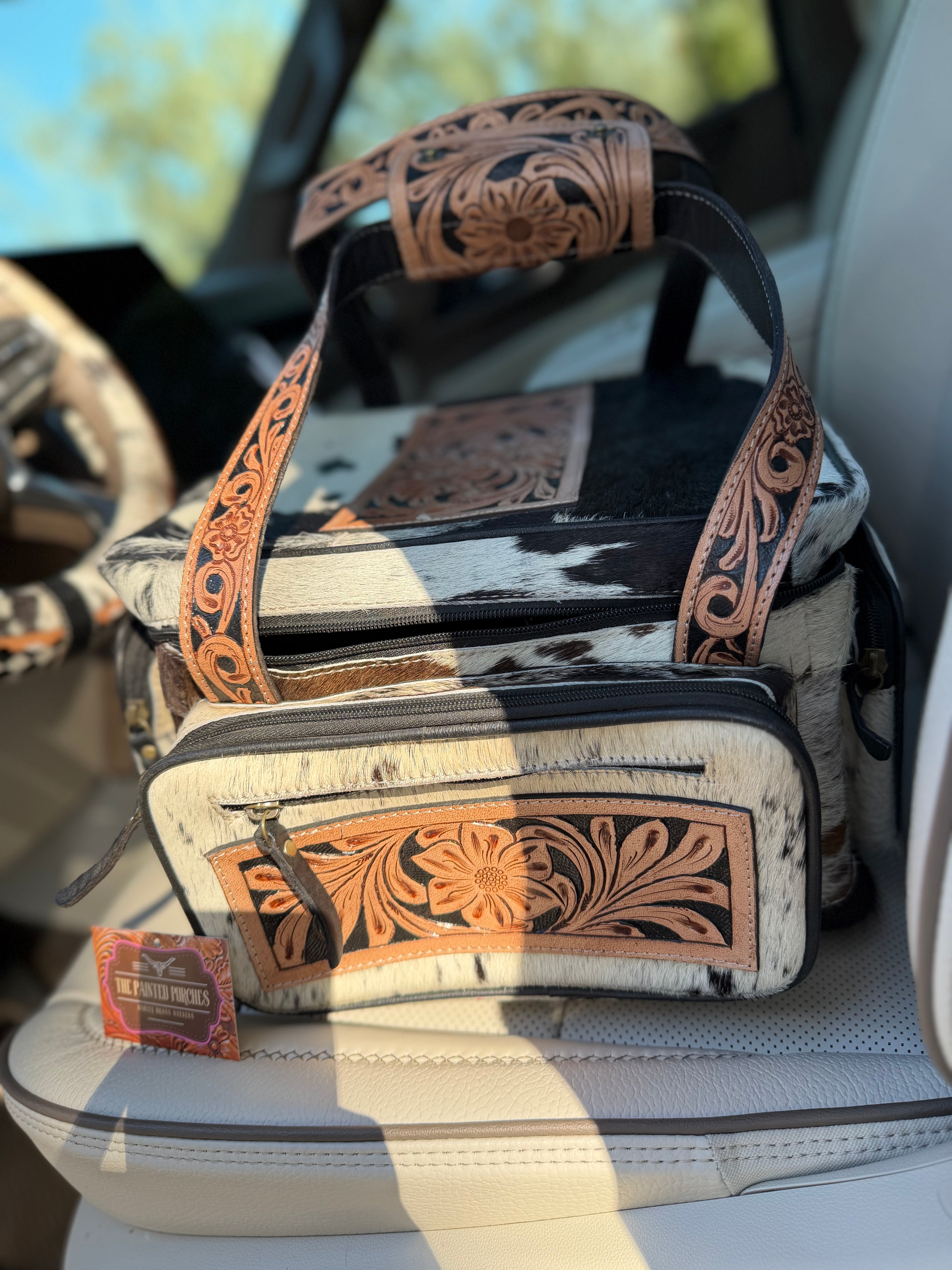 XL size - Dark color and white hide TOOLED leather/ cowhide Lunch bag