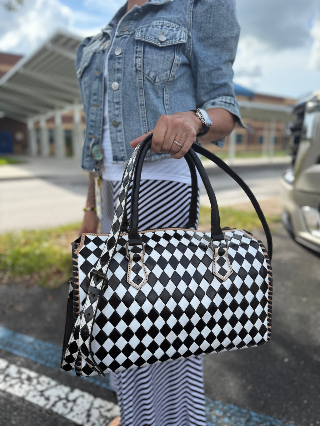 Checker tooled leather speedy duffle (L)