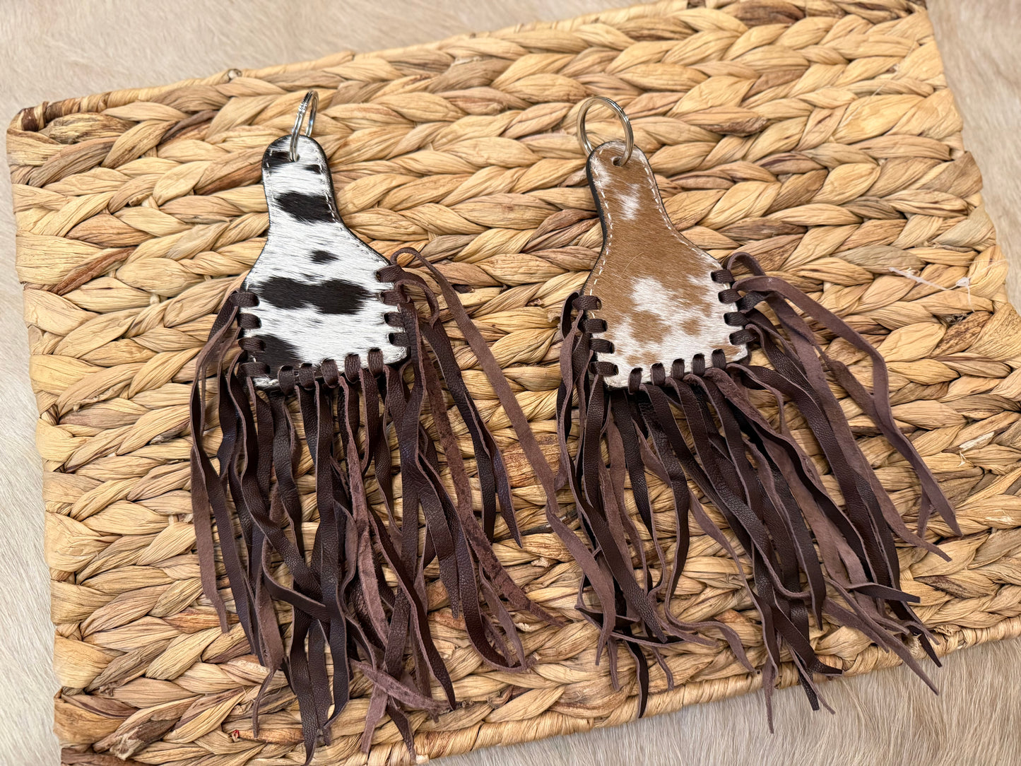 Cowhide fringe large keychains free engraving!!!