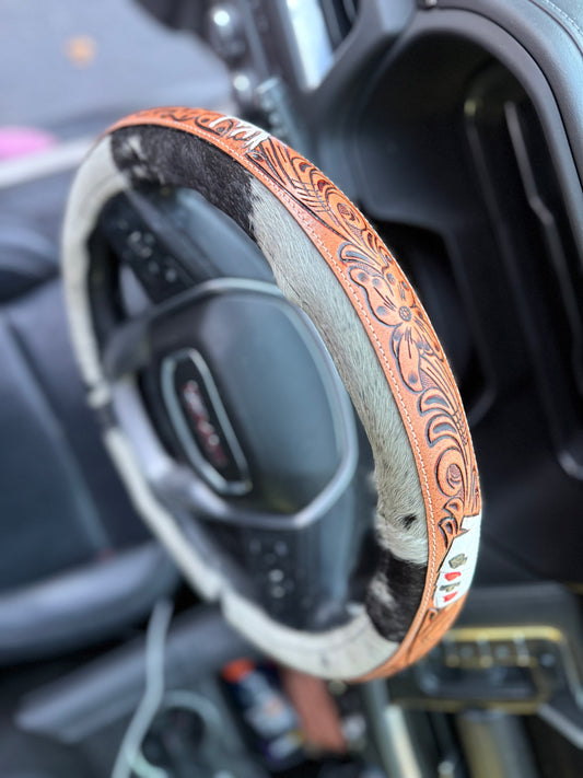 Country style 15.5 “ tooled leather cowhide steering wheel cover read description before purchase