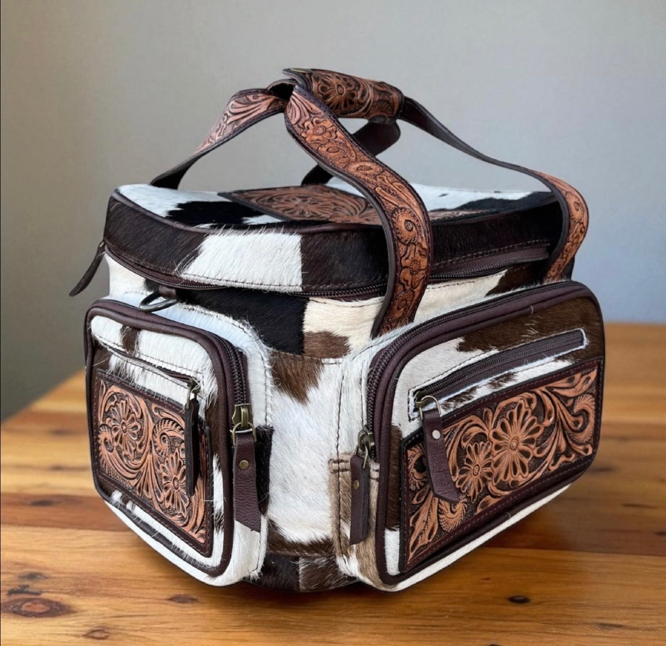 Brown and white hide TOOLED leather/ cowhide Lunch bag