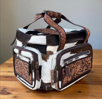 Brown and white hide TOOLED leather/ cowhide Lunchbox