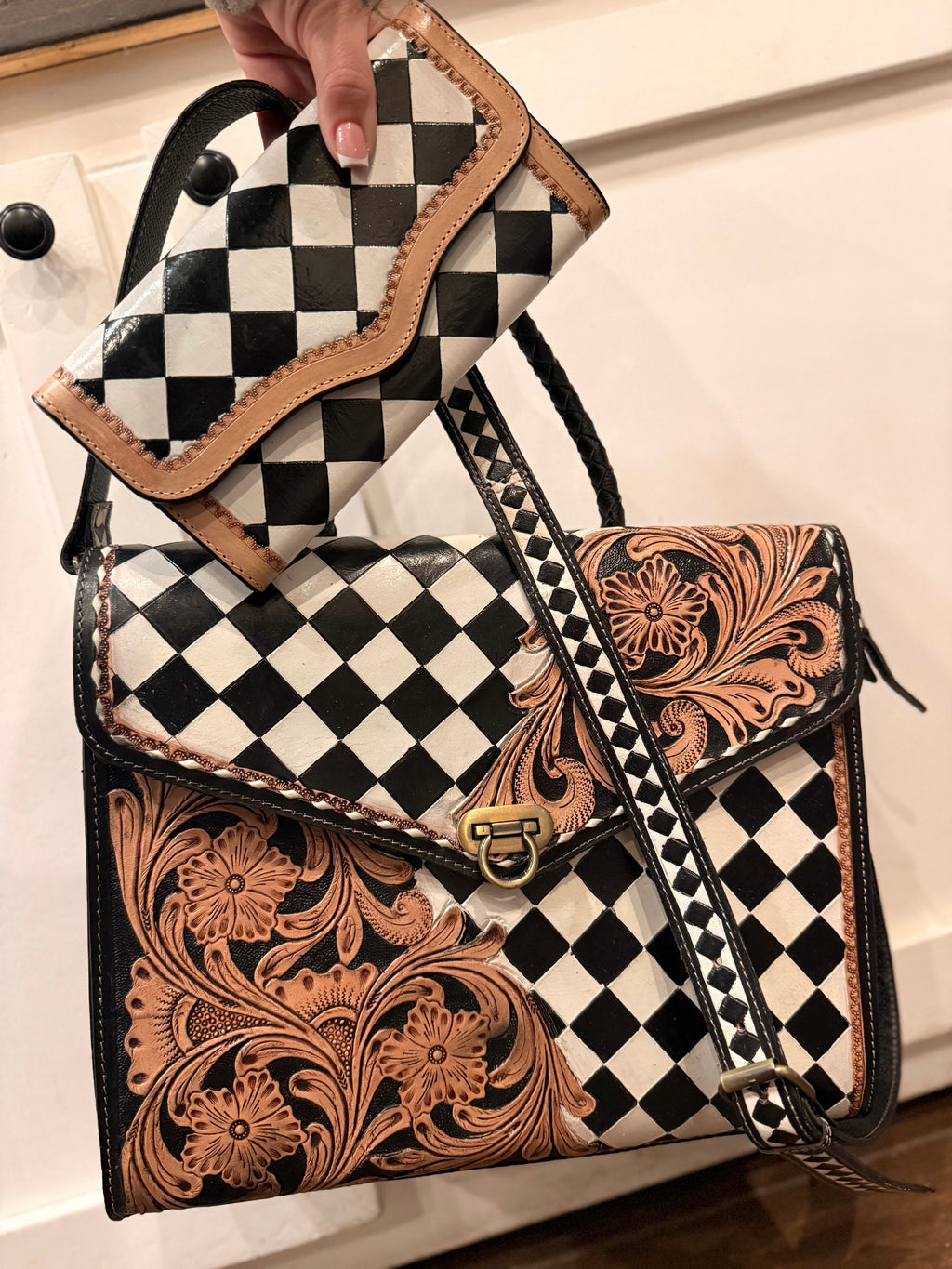 Checker Print Set Checker print / tooled leather tote set – Painted porch