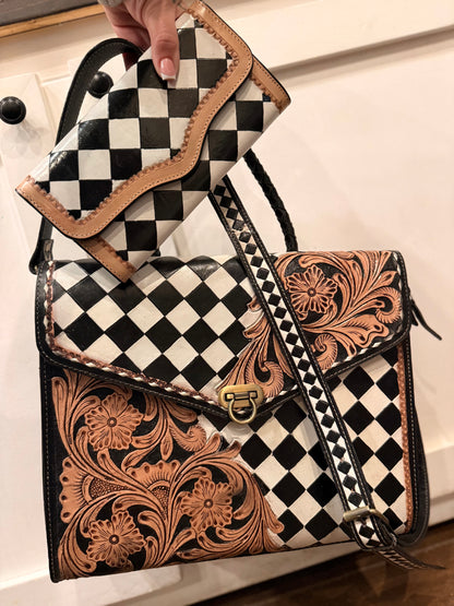 Checker print / tooled leather tote set