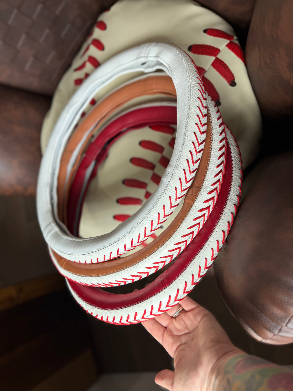 Baseball 16 “ tooled leather steering wheel cover - read description before purchase