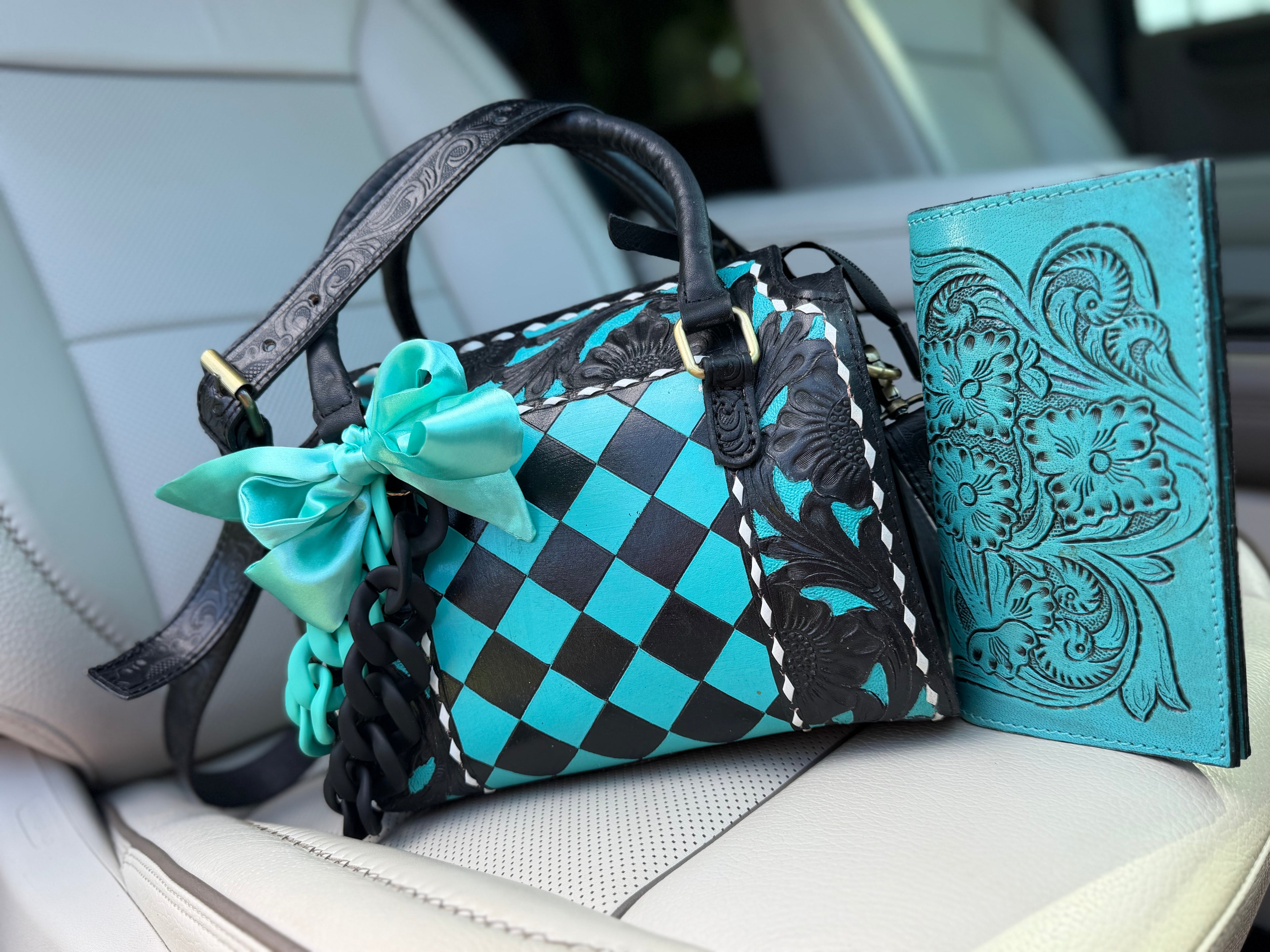 Electric teal/black checker tooled leather speedy (M) and wallet