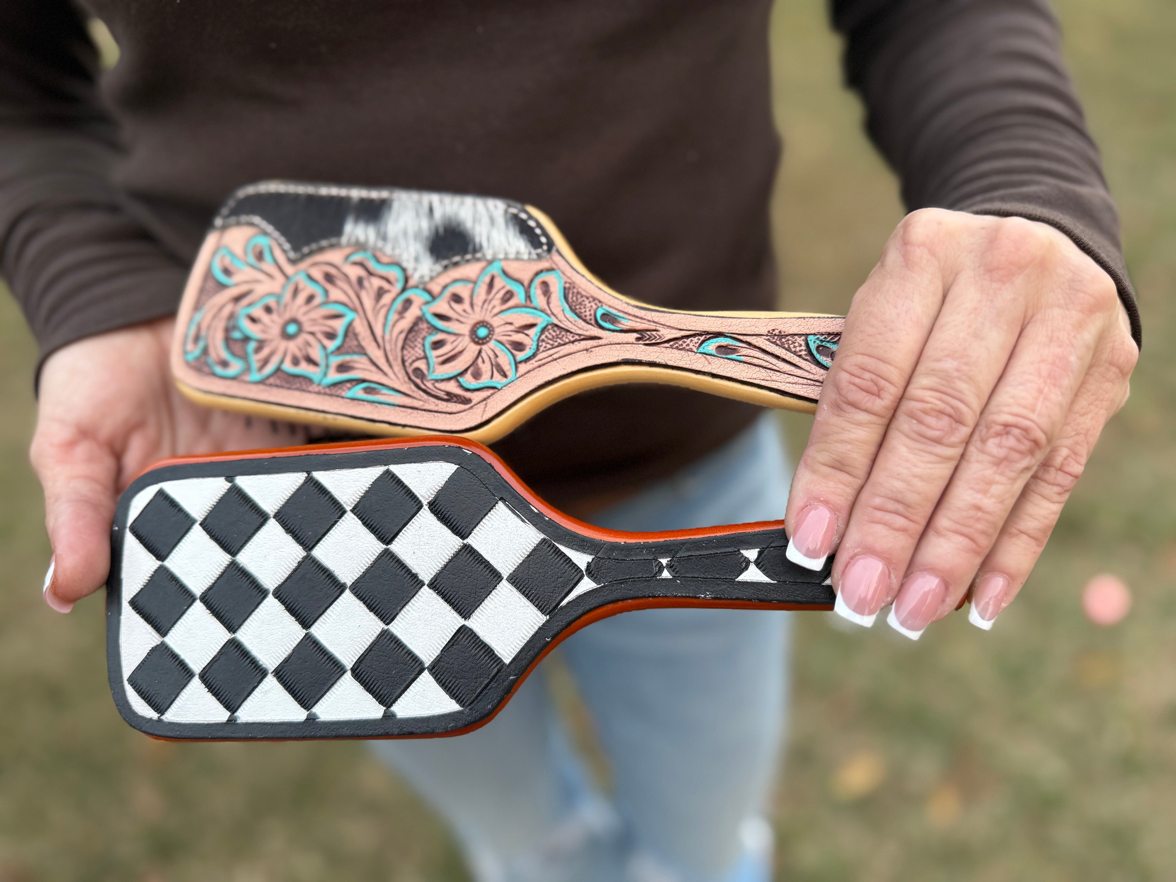 Tooled leather /cowhide hair brush